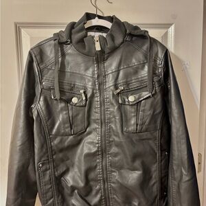 Men's Black Faux Leather Bomber Jacket with Hood